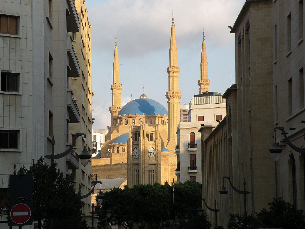Beirut 35 View Down Abdul Hamid Karameh Street To Clock Tower In Nejmeh Square Place de L'Etoile With Mohammed Al-Amin Mosque Behind And The Lebanon Parliament Building On The Right  